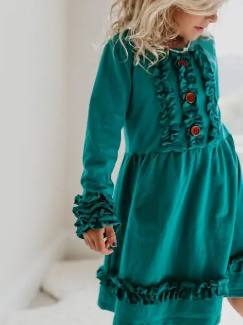 Kids Long Sleeve Dark Teal Ruffle Button Fall Winter Dress