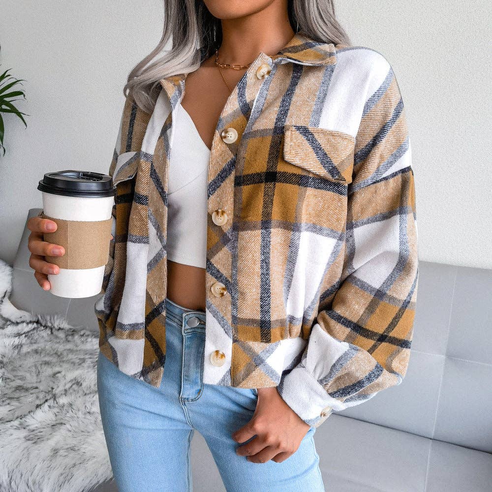 Trendy Plaid Lantern Sleeve Woolen Jacket – Cozy Fall/Winter Outerwear
