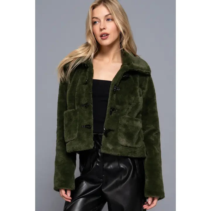 Long Sleeve Collar with Toggle Button Fur Duffle Jacket - Olive