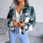 Trendy Plaid Lantern Sleeve Woolen Jacket – Cozy Fall/Winter Outerwear