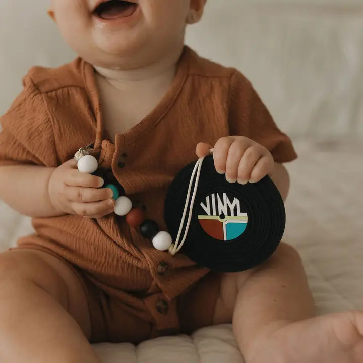 Vinyl Record  Silicone Baby Teether - Pink with Clip