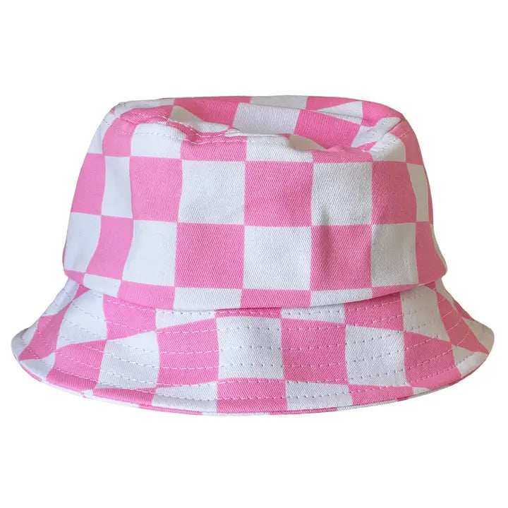 Checkered Bucket Hat - Black, Pink, Stone Blue