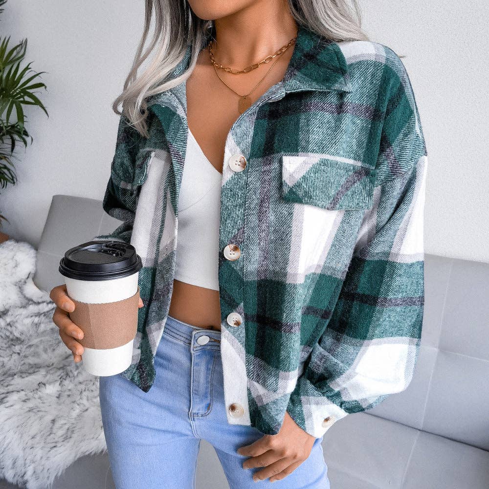 Trendy Plaid Lantern Sleeve Woolen Jacket – Cozy Fall/Winter Outerwear