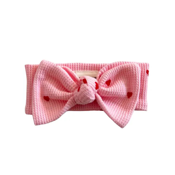 Organic Waffle Knot Bow, Little Red Heart (On Pink)