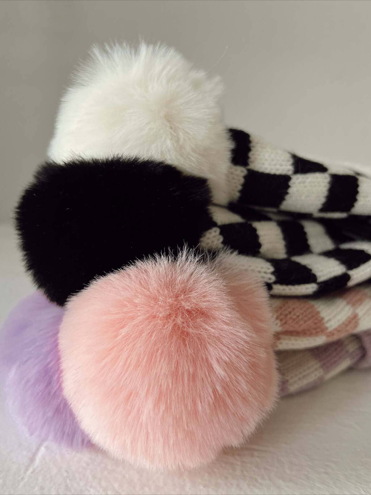 Checkerboard Fur Pom Hat, Cream