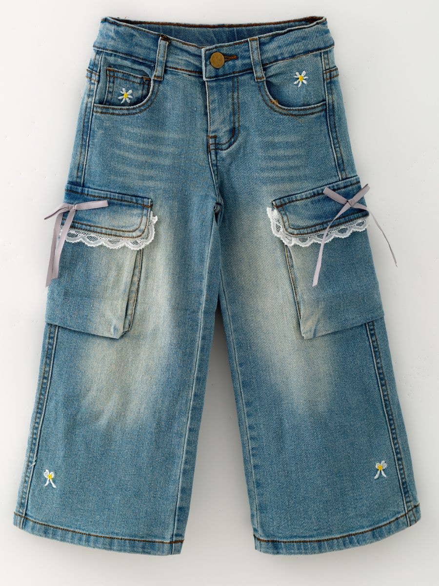 Girls Lace Bow Wide Leg Pocket Jeans