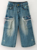 Girls Lace Bow Wide Leg Pocket Jeans