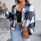 Trendy Plaid Lantern Sleeve Woolen Jacket – Cozy Fall/Winter Outerwear