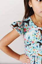 Kids Blue Floral Western Horse Flutter Sleeve Spring Dress