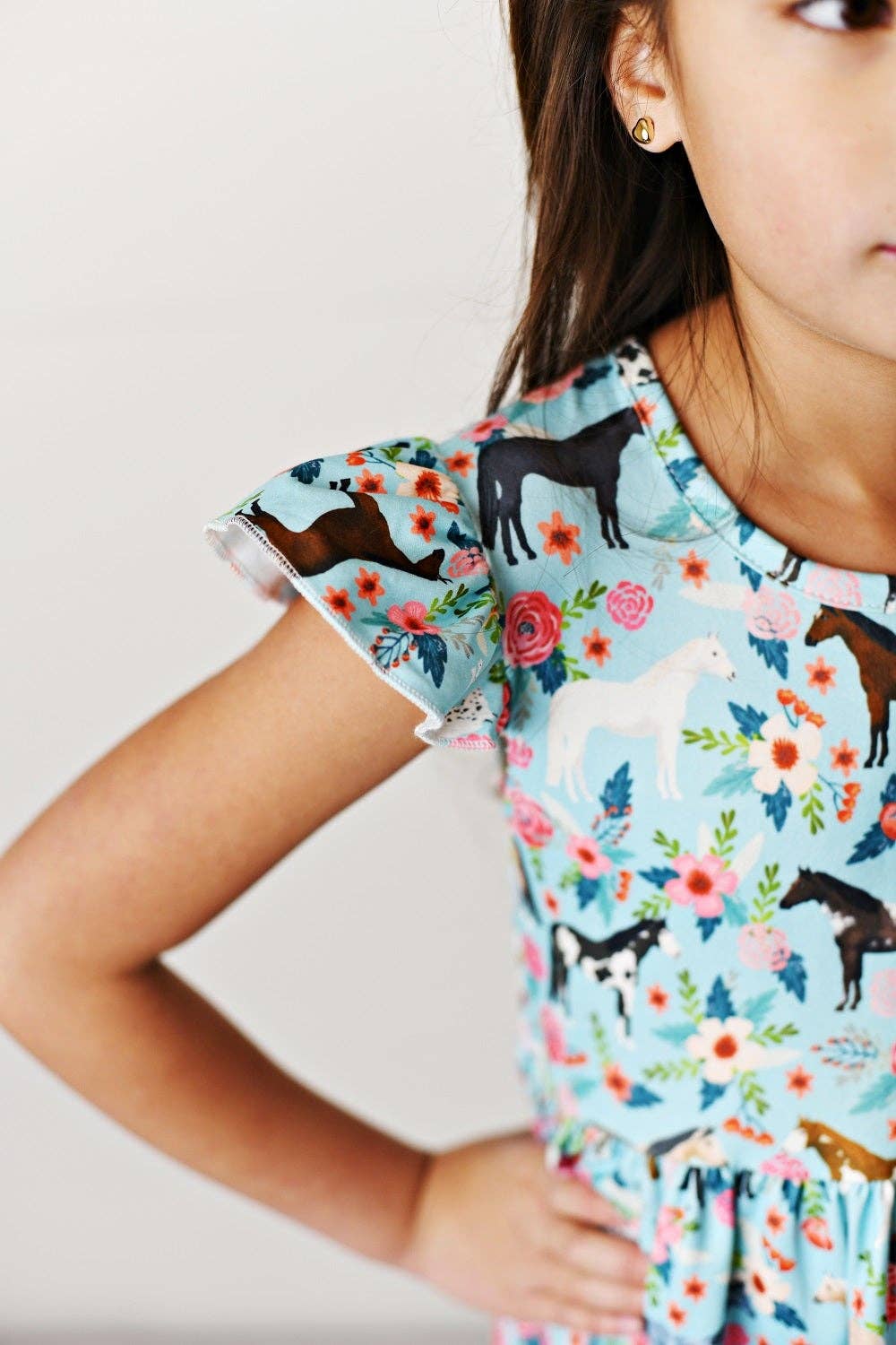 Kids Blue Floral Western Horse Flutter Sleeve Spring Dress