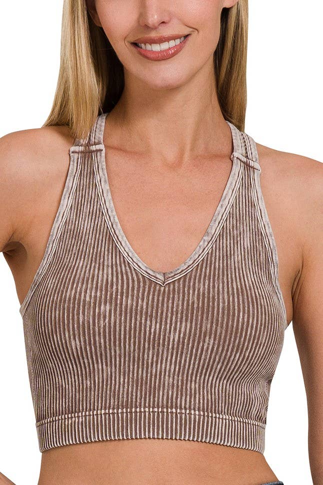 Stone Washed Ribbed Racerback Tank Top W Bra Pad