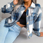 Trendy Plaid Lantern Sleeve Woolen Jacket – Cozy Fall/Winter Outerwear