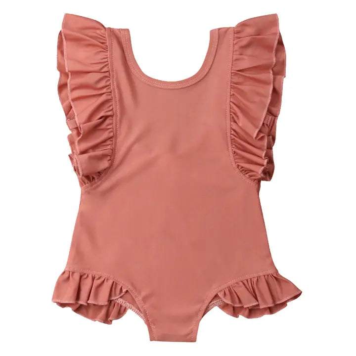 Ruffle Scoop Back One-Piece Girl Swimsuit - Persimmon