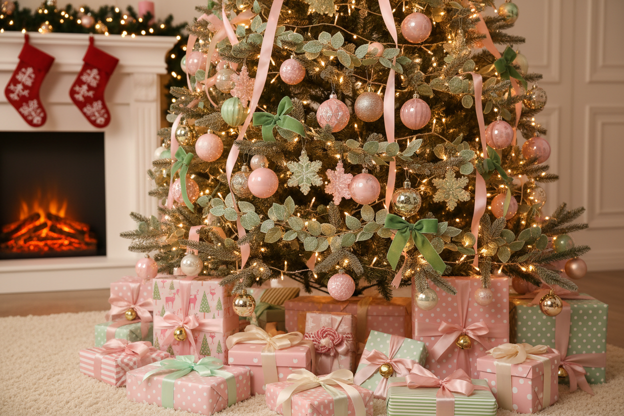 Christmas presents wrapped under a cute tree with pink and green decorations