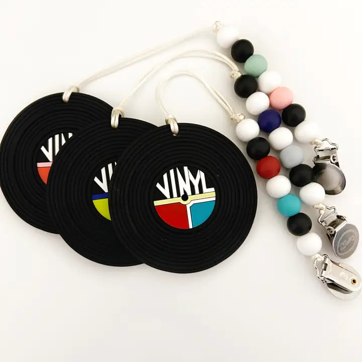 Vinyl Record  Silicone Baby Teether - Pink with Clip