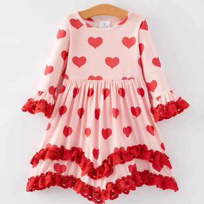Valentine's Day Heart Print Ruffle Long Sleeve Dress