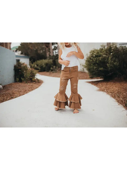 Kids Khaki Denim Double Ruffle Pant Jeans