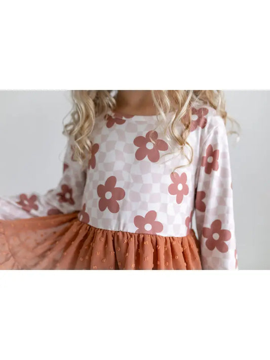 Kids Flower Check Print Swiss Dot Tulle Fall Dress