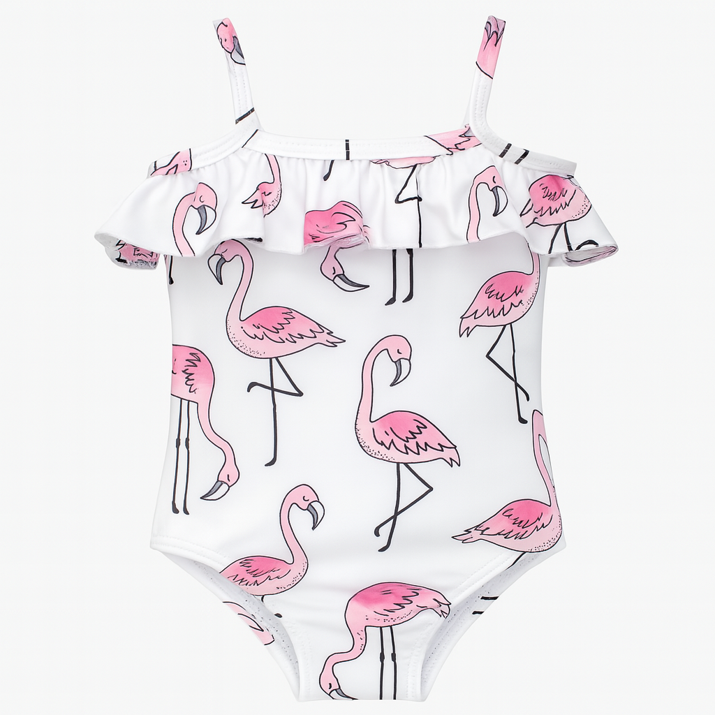 White Flamingo Print Ruffled One-Piece Toddler Girl Swimsuit