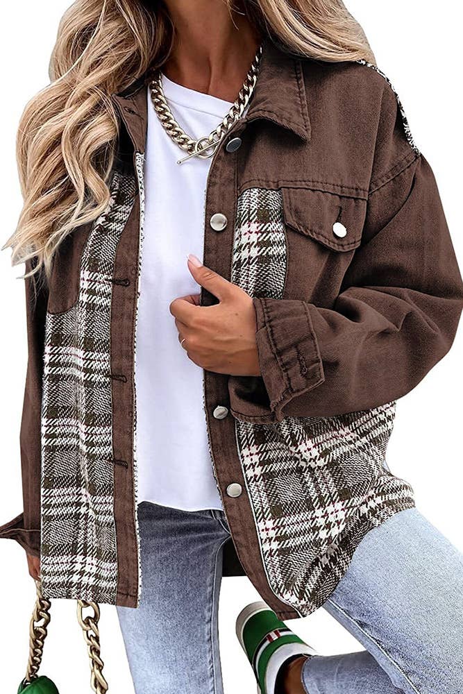 Plaid Splicing Open Button Jacket