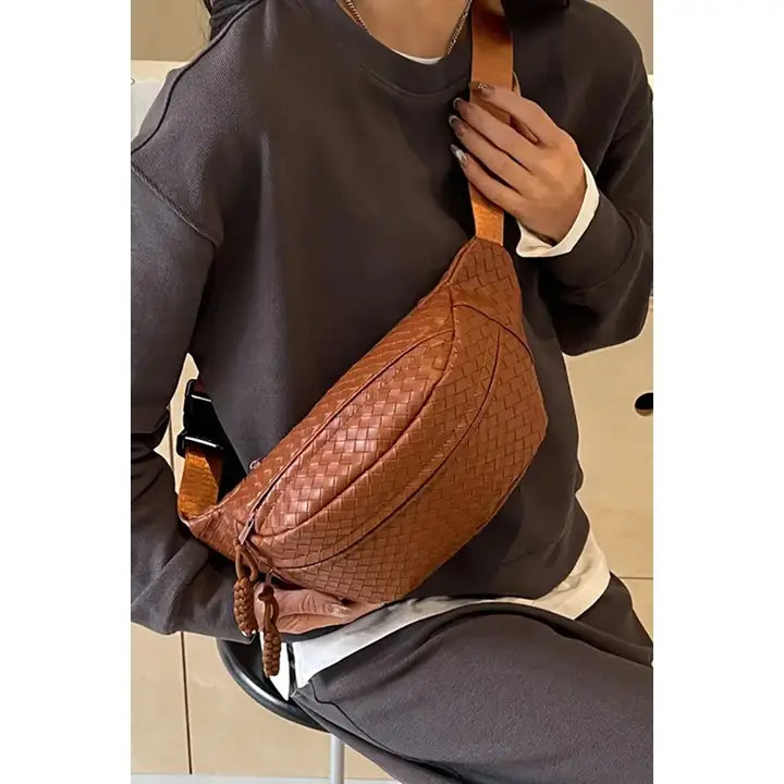 Vegan Leather Woven Atlas Crossbody Bum Bag - Black or Camel