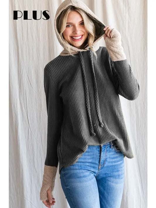 Brushed Knit Drawstring Hoodie - Plus Size