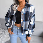 Trendy Plaid Lantern Sleeve Woolen Jacket – Cozy Fall/Winter Outerwear