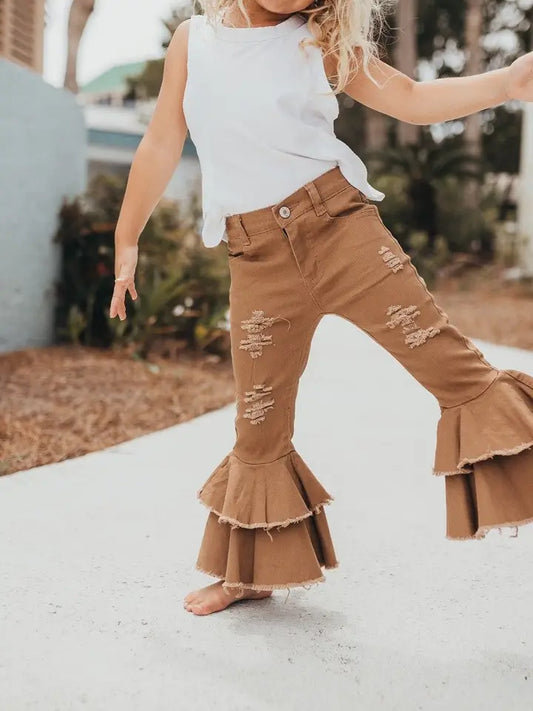 Kids Khaki Denim Double Ruffle Pant Jeans
