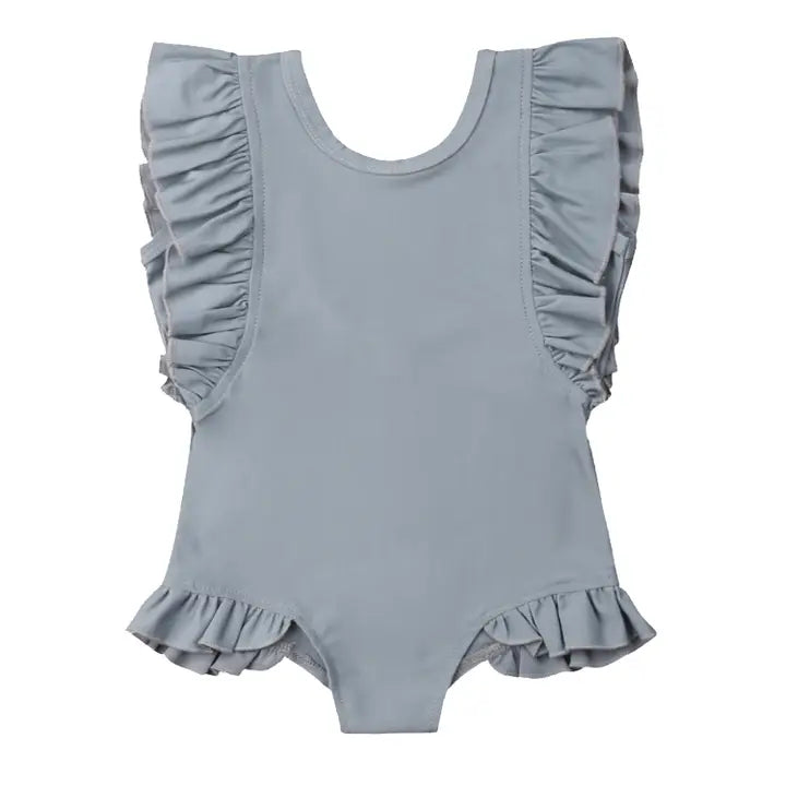Ruffle Scoop Back One-Piece Girl Swimsuit - Gray