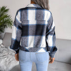 Trendy Plaid Lantern Sleeve Woolen Jacket – Cozy Fall/Winter Outerwear