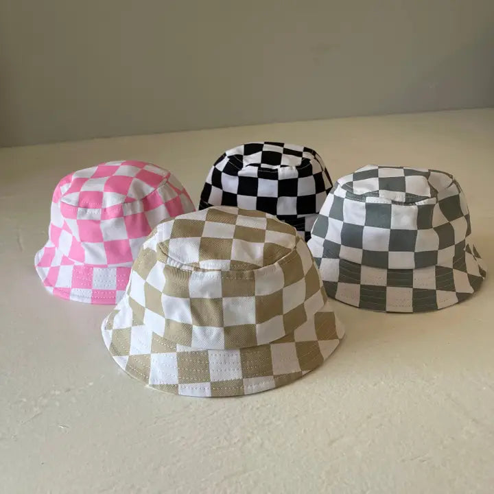 Checkered Bucket Hat - Black, Pink, Stone Blue