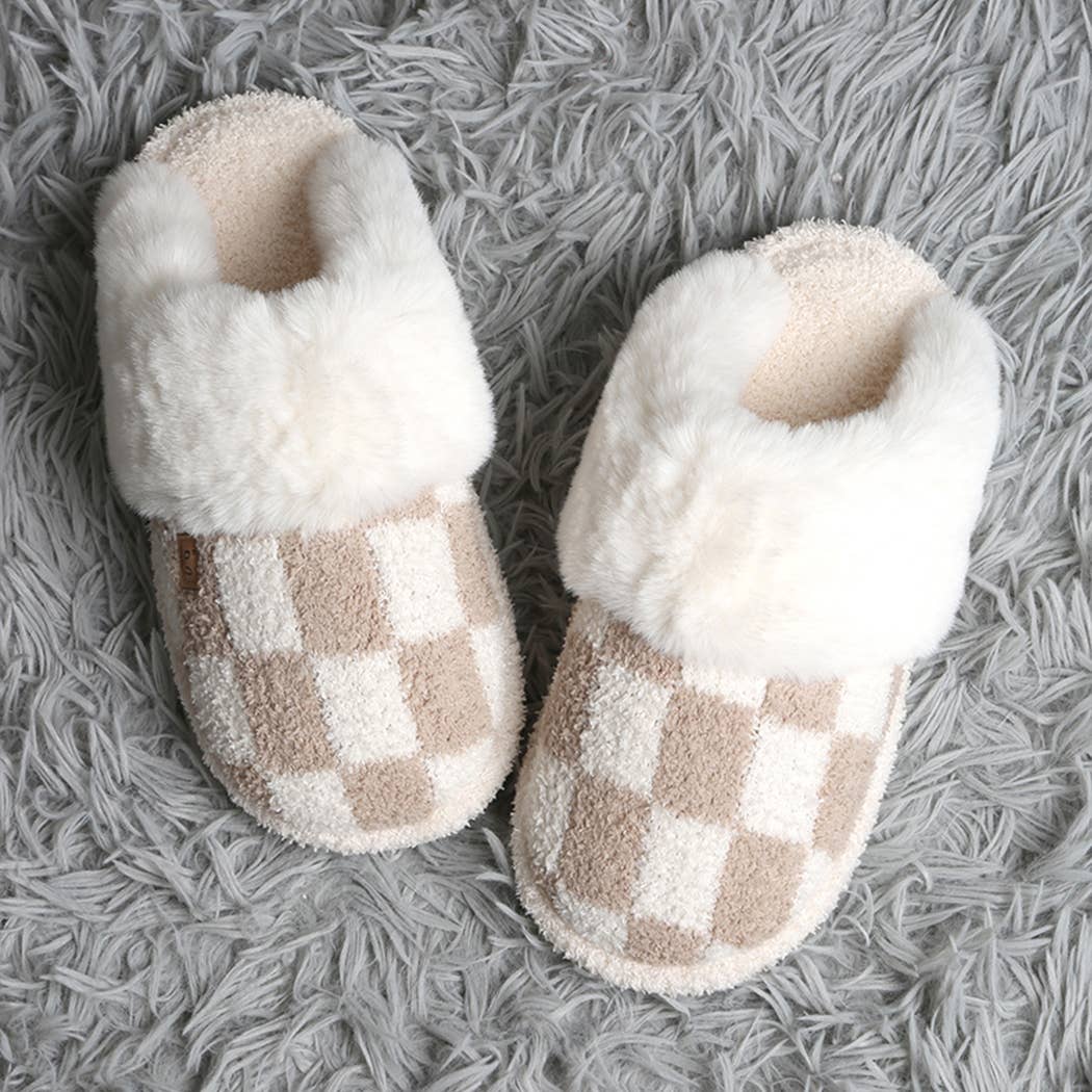 Checkered Faux Fur Cuff Mule Luxury Soft Slipper