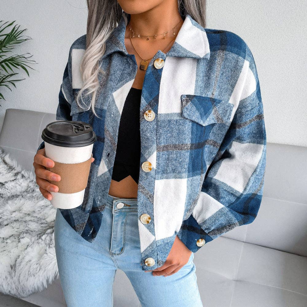 Trendy Plaid Lantern Sleeve Woolen Jacket – Cozy Fall/Winter Outerwear