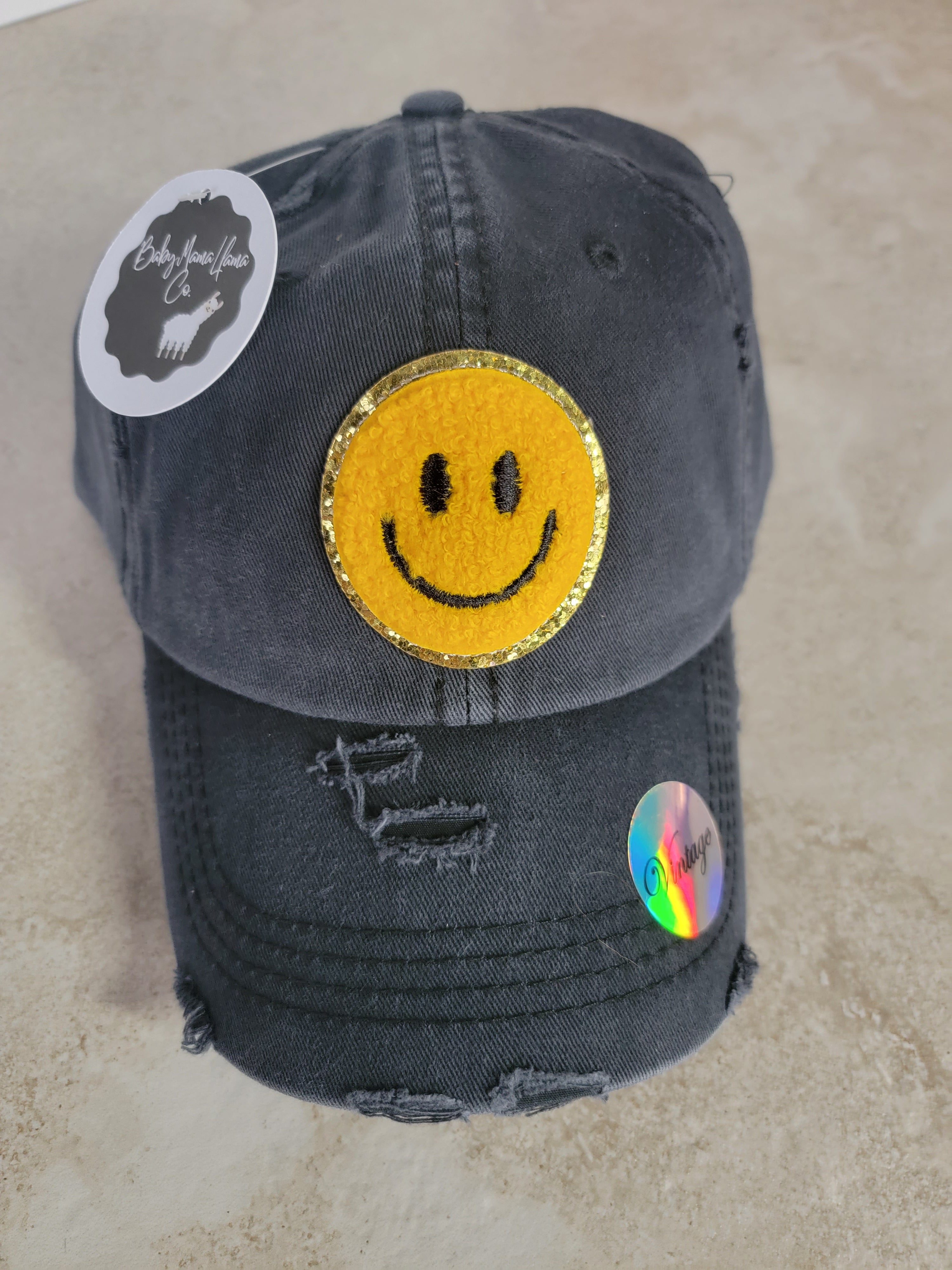 Smiley Hat in Distressed Black